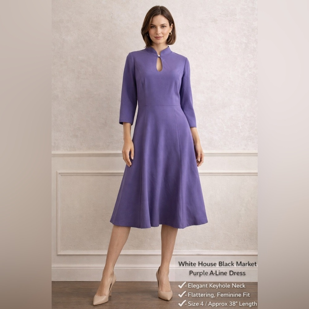White House Black Market Purple A-Line Dress cottagecore Barbie Keyhole Neck/4